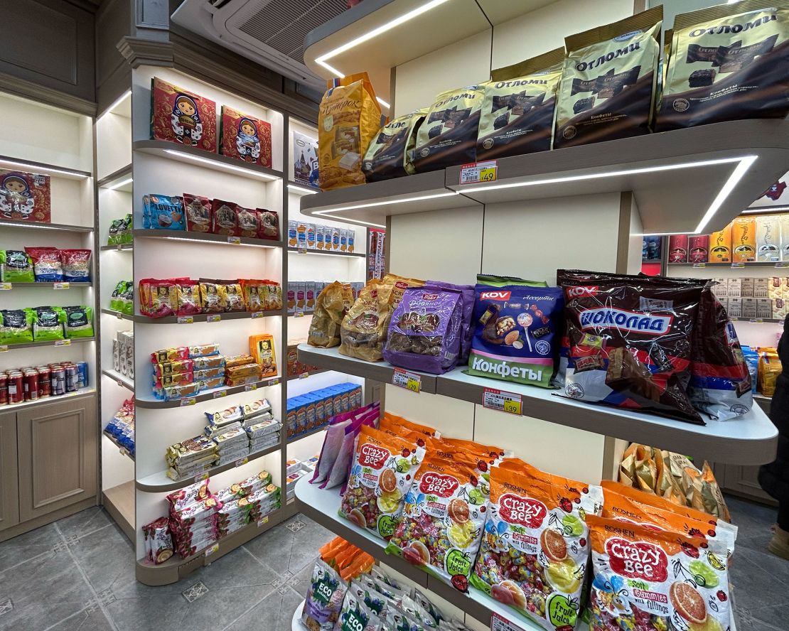 A variety of Russian chocolates and biscuits are displayed at a Russian goods store in Beijing on December 29. There are also some products on the shelves from other countries, such as