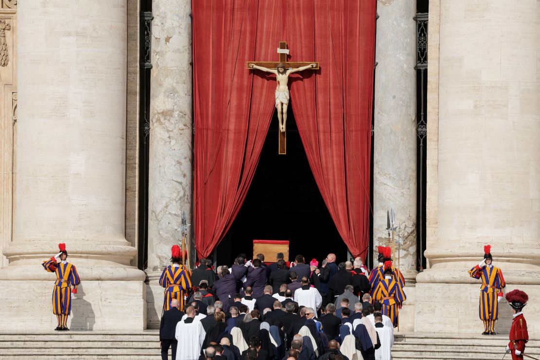 The coffin containing the body of Pope Francis is carried into St. Peter