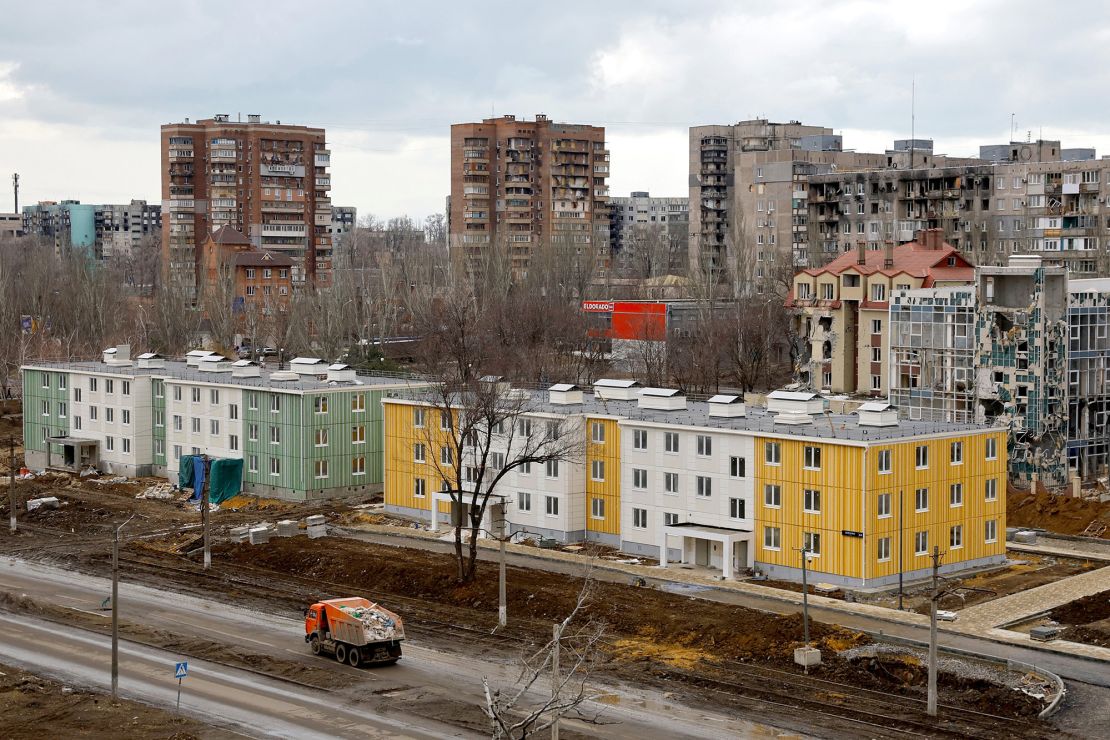 Newly built apartment blocks in Russian-occupied Maruipol on February 15, 2023.