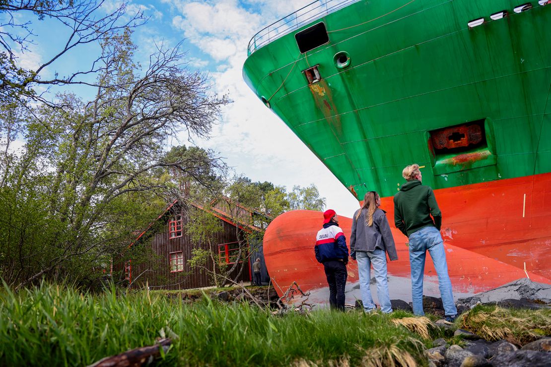 Bystanders look at the grounded ship.